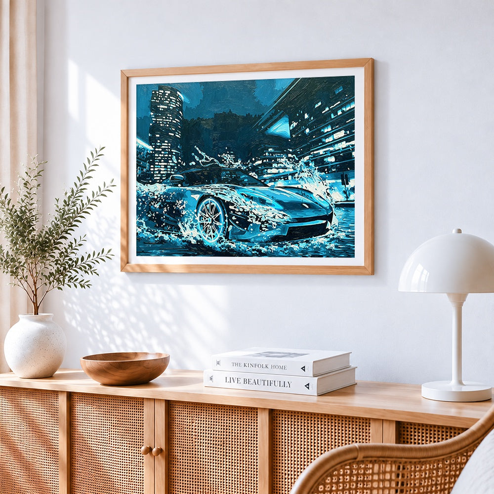 Blue sports car in rainy city cross stitch artwork displayed on wall as home decor