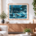 Finished blue sports car in rainy city paint by numbers artwork displayed as home decor