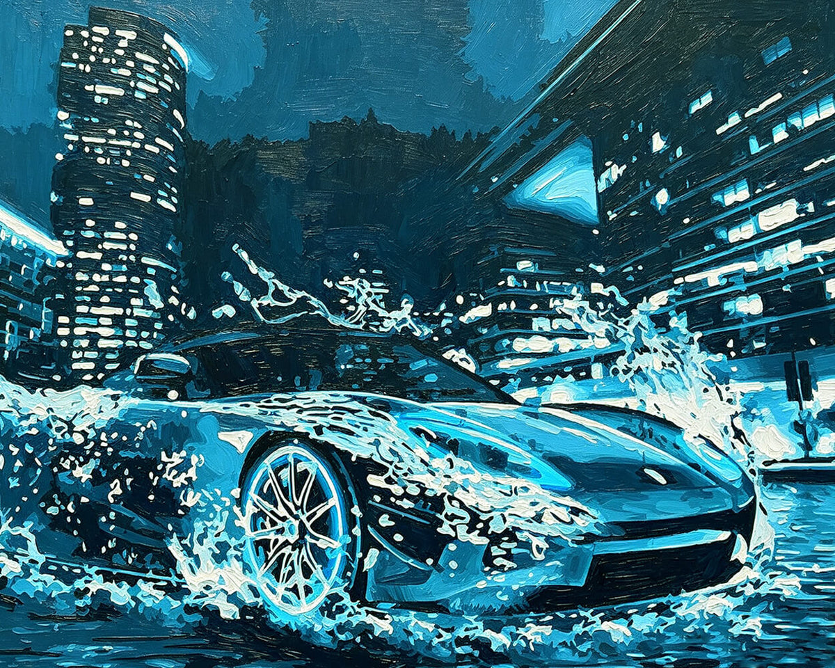 Blue sports car in rainy city paint by numbers kit for beginners
