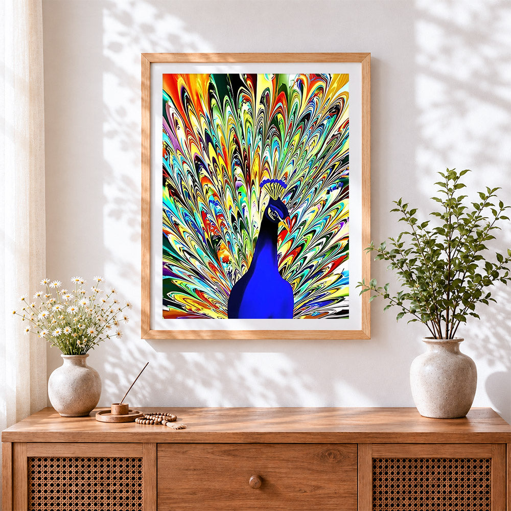 Finished blue stained glass peacock cross stitch artwork displayed