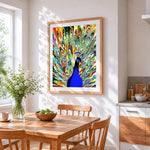 Blue stained glass peacock paint by numbers artwork displayed on wall as home decor