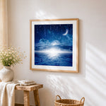 Blue starry night and crescent moon cross stitch artwork displayed on wall as home decor
