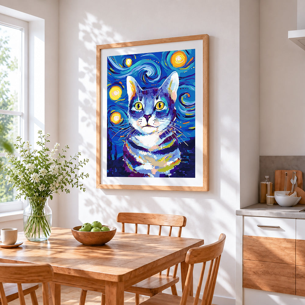 Blue starry night cat cross stitch artwork displayed on wall as home decor