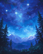 Blue starry night over snowy mountains cross stitch kit for beginners