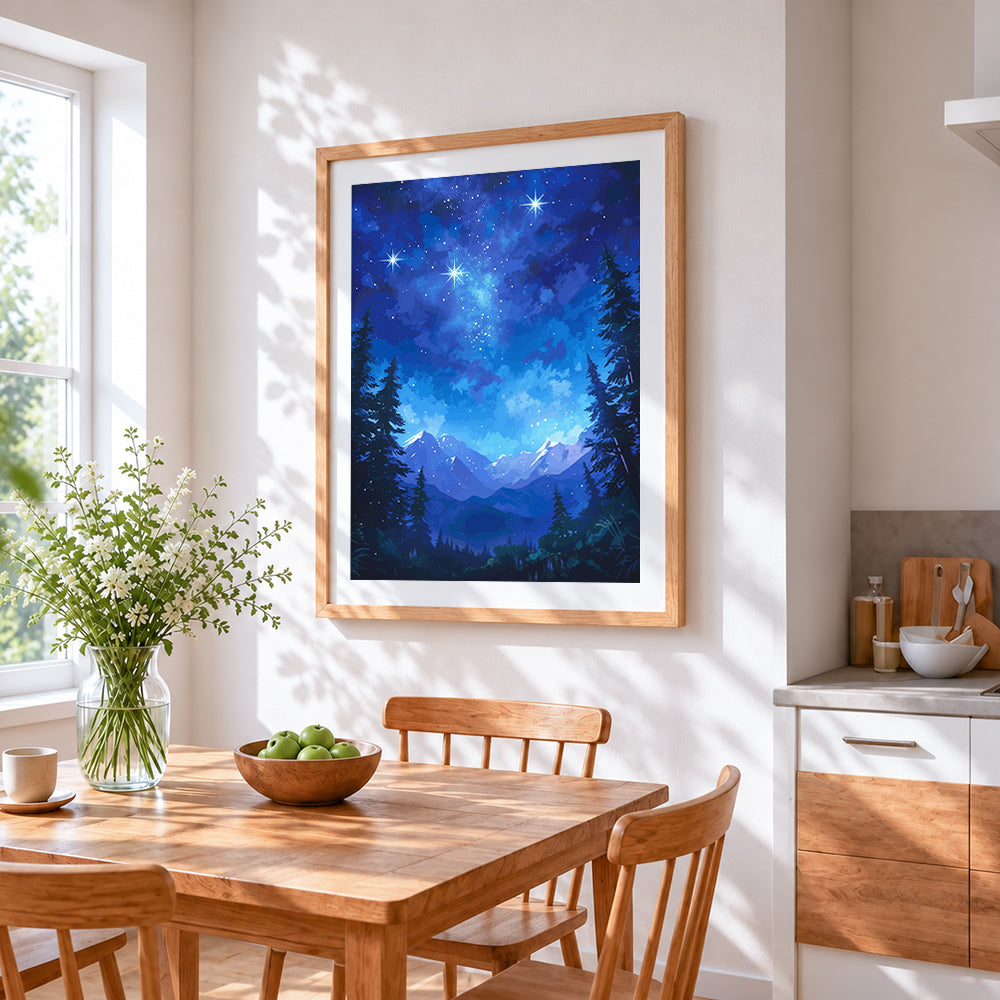 Blue starry night over snowy mountains cross stitch artwork displayed on wall as home decor