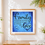 Finished blue texture family quote cross stitch artwork displayed