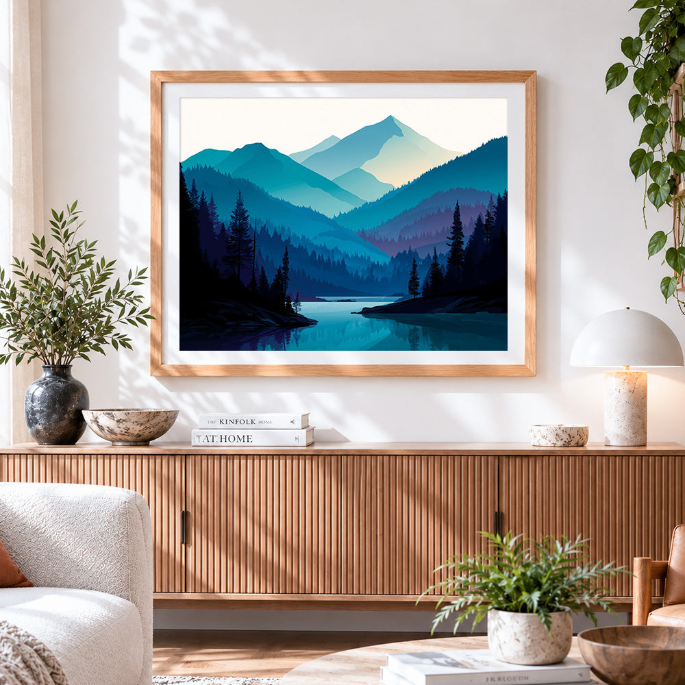 Finished blue toned mountains cross stitch artwork displayed