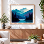 Finished blue toned mountains paint by numbers artwork displayed as home decor