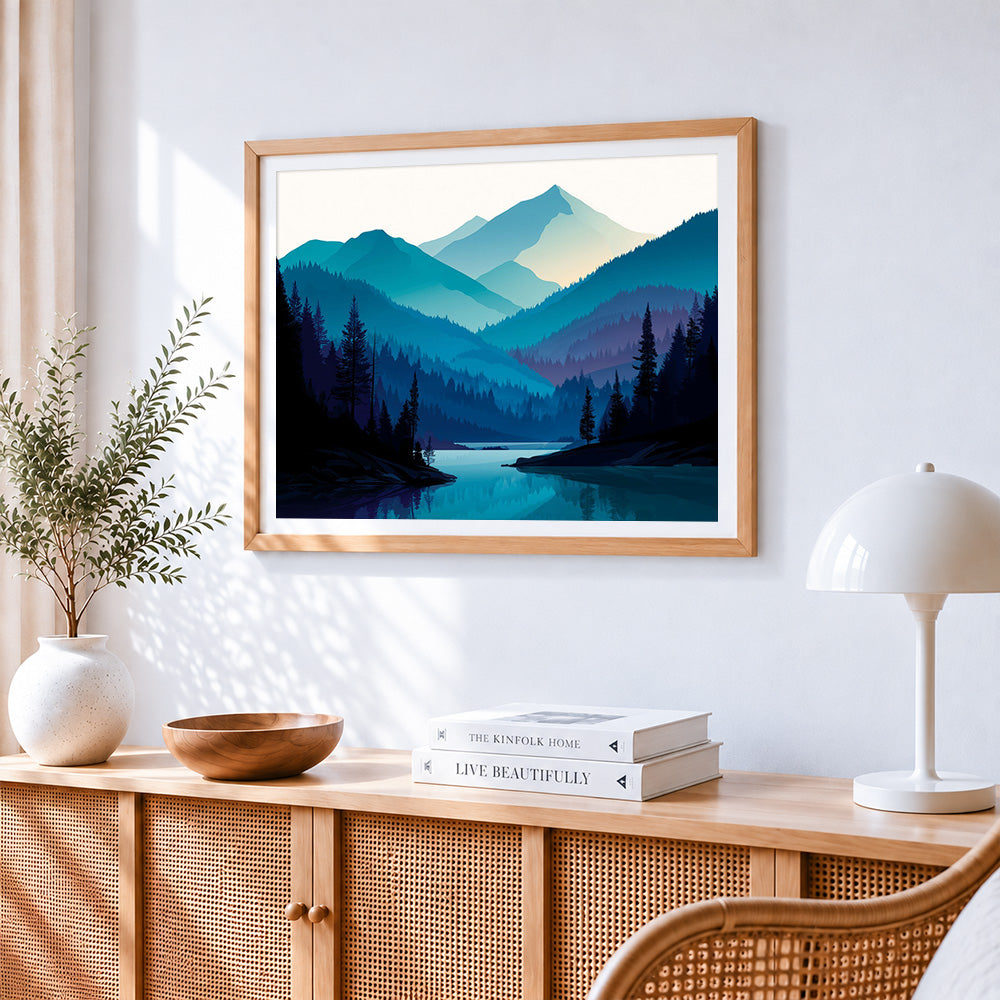 Blue toned mountains paint by numbers artwork displayed on wall as home decor