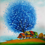 Blue tree and colourful village cross stitch kit for beginners
