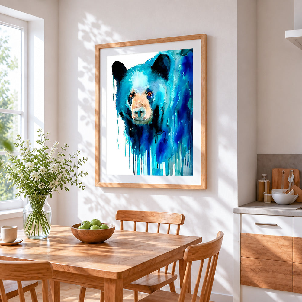 Blue watercolour bear cross stitch artwork displayed on wall as home decor