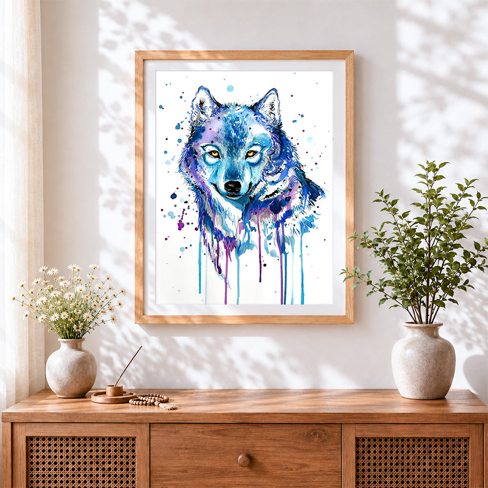 Finished blue watercolour wolf cross stitch artwork displayed