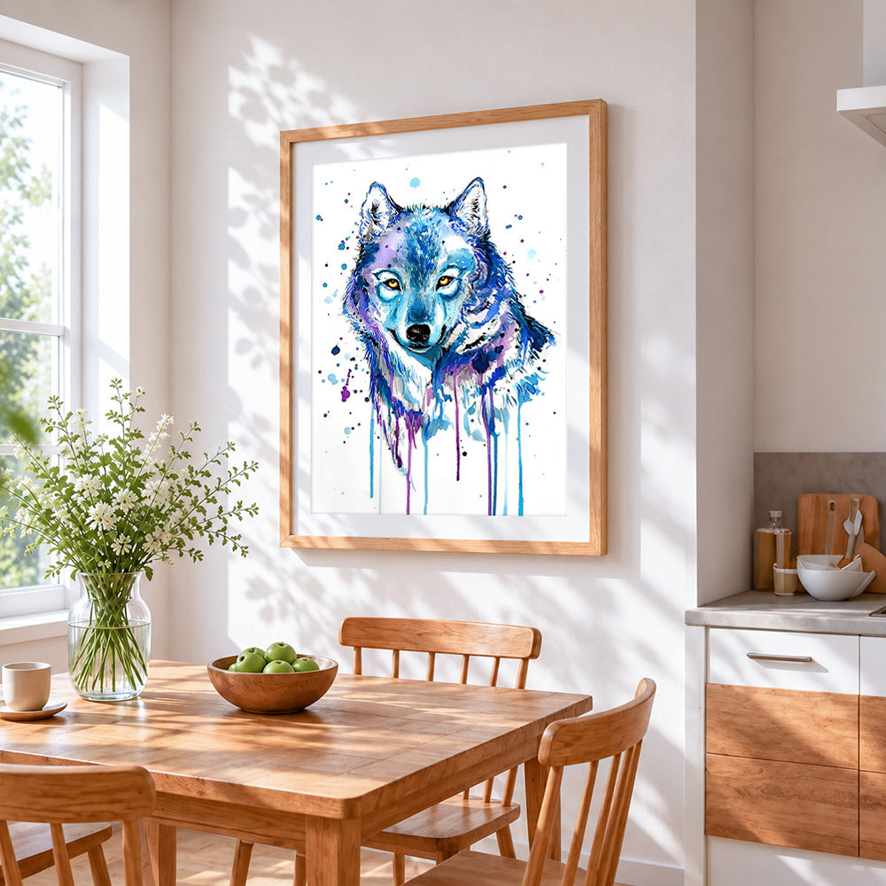 Blue watercolour wolf cross stitch artwork displayed on wall as home decor