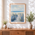 Finished blue wildflower path to the beach cross stitch artwork displayed