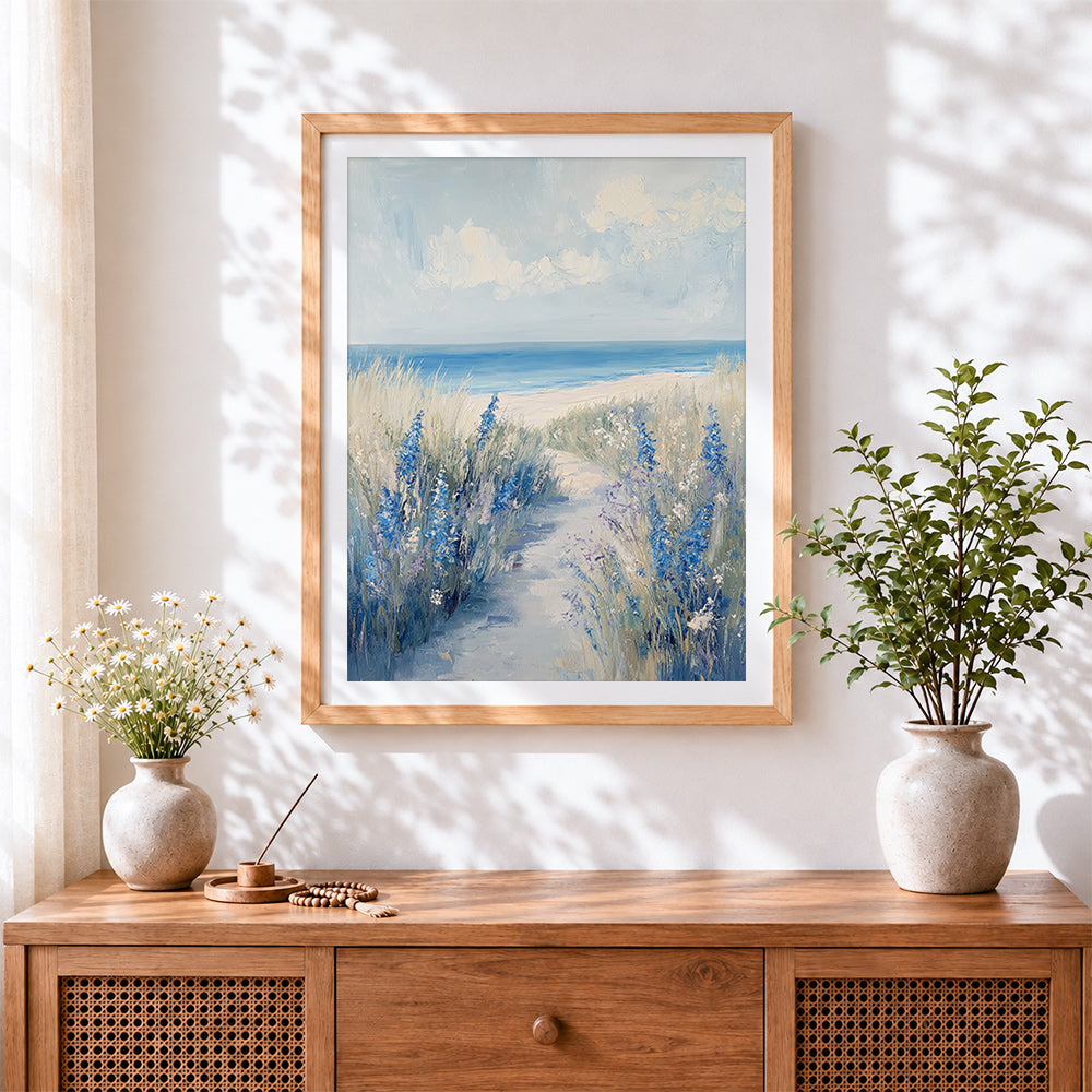 Finished blue wildflower path to the beach cross stitch artwork displayed