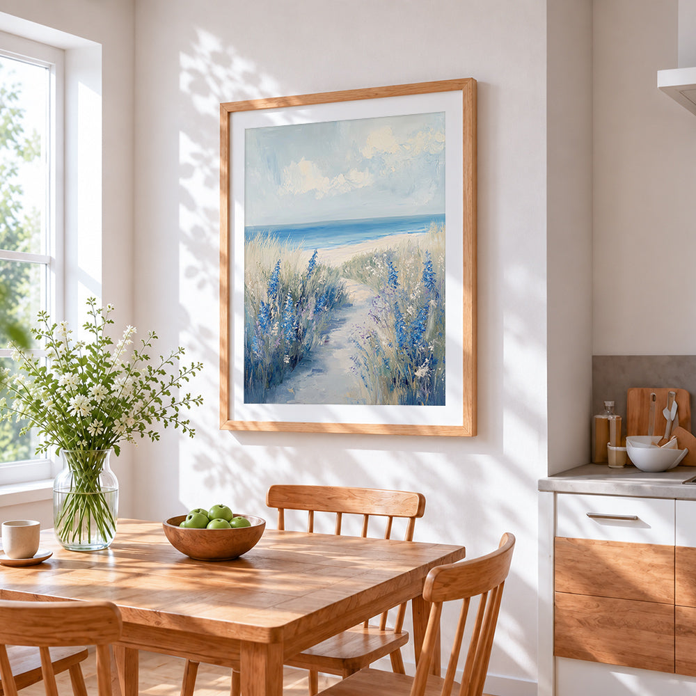 Blue wildflower path to the beach cross stitch artwork displayed on wall as home decor