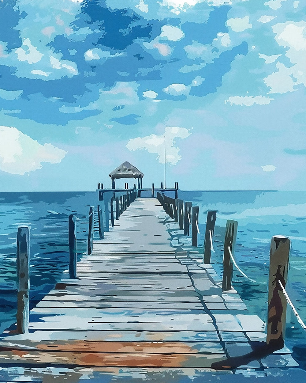 Blue wooden pier over calm ocean cross stitch kit for beginners