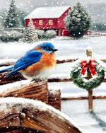 Bluebird on a snowy fence with wreath cross stitch kit for beginners