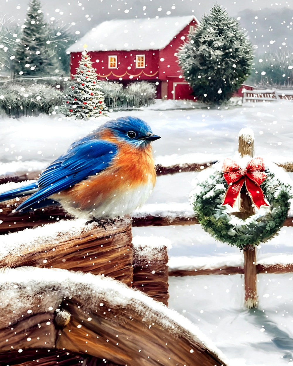 Bluebird on a snowy fence with wreath cross stitch kit for beginners