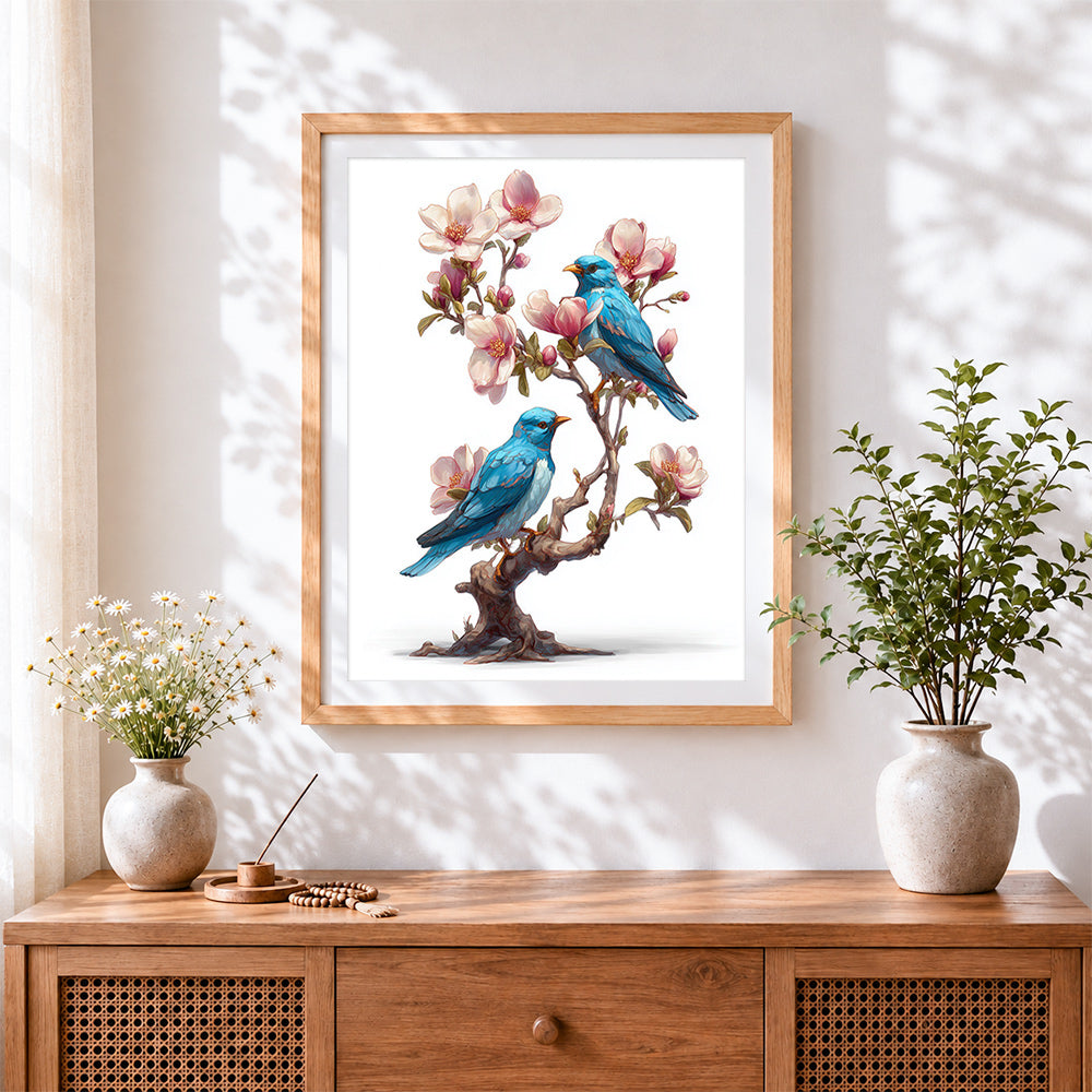 Finished bluebirds on a blossom tree cross stitch artwork displayed