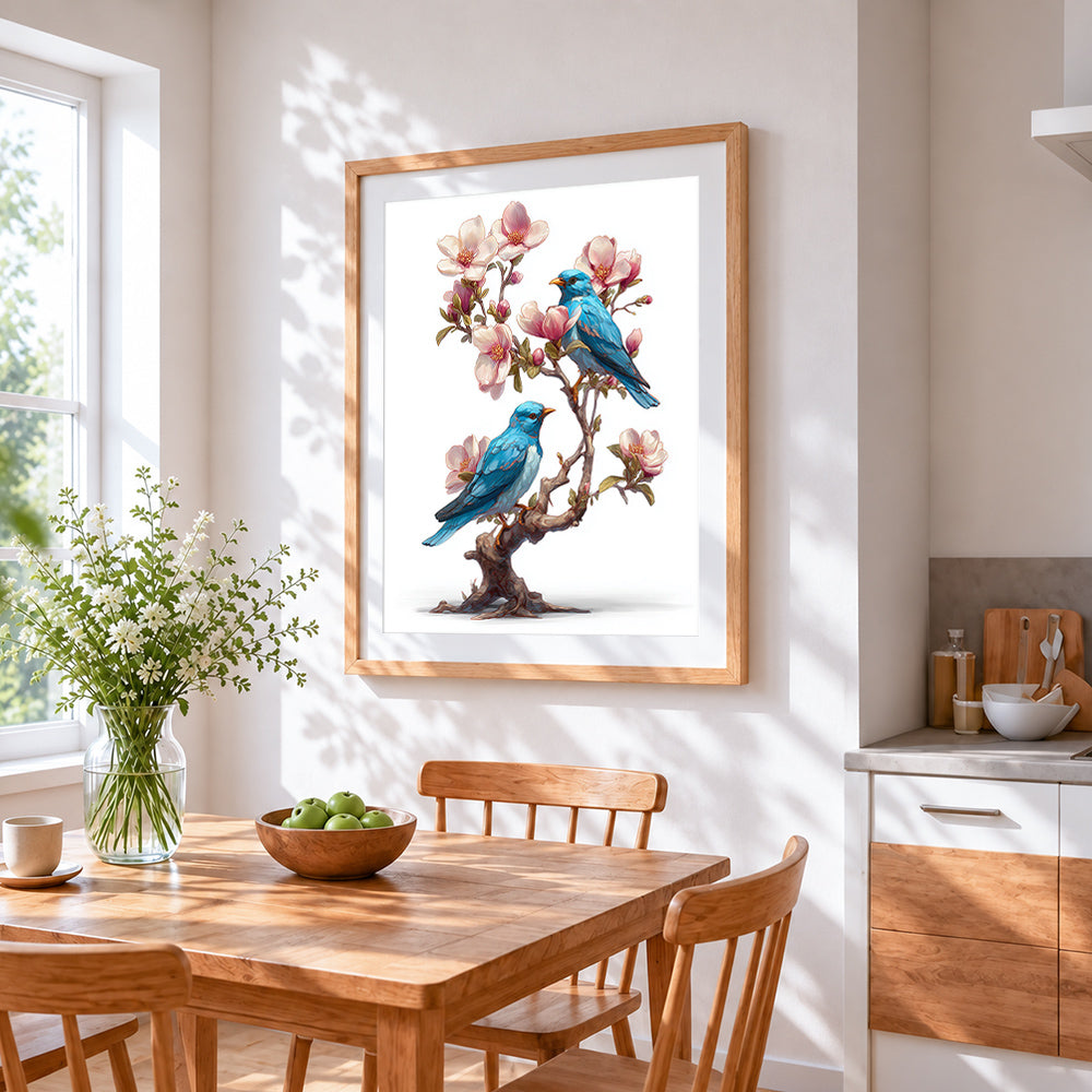 Bluebirds on a blossom tree cross stitch artwork displayed on wall as home decor