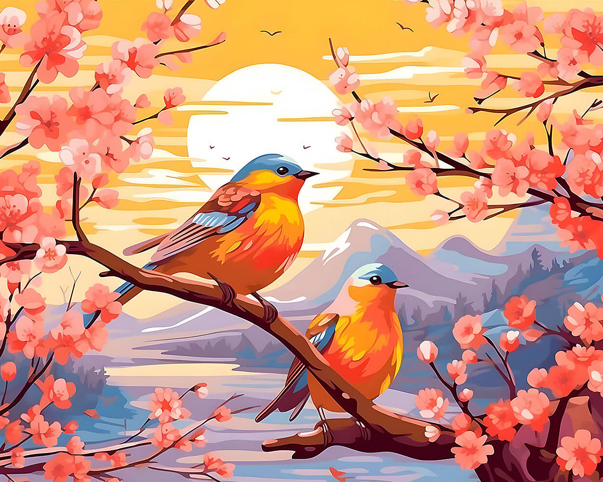 Bluebirds on a cherry blossom branch at sunset cross stitch kit for beginners