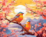 Bluebirds on a cherry blossom branch at sunset paint by numbers kit for beginners