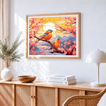 Bluebirds on a cherry blossom branch at sunset paint by numbers artwork displayed on wall as home decor