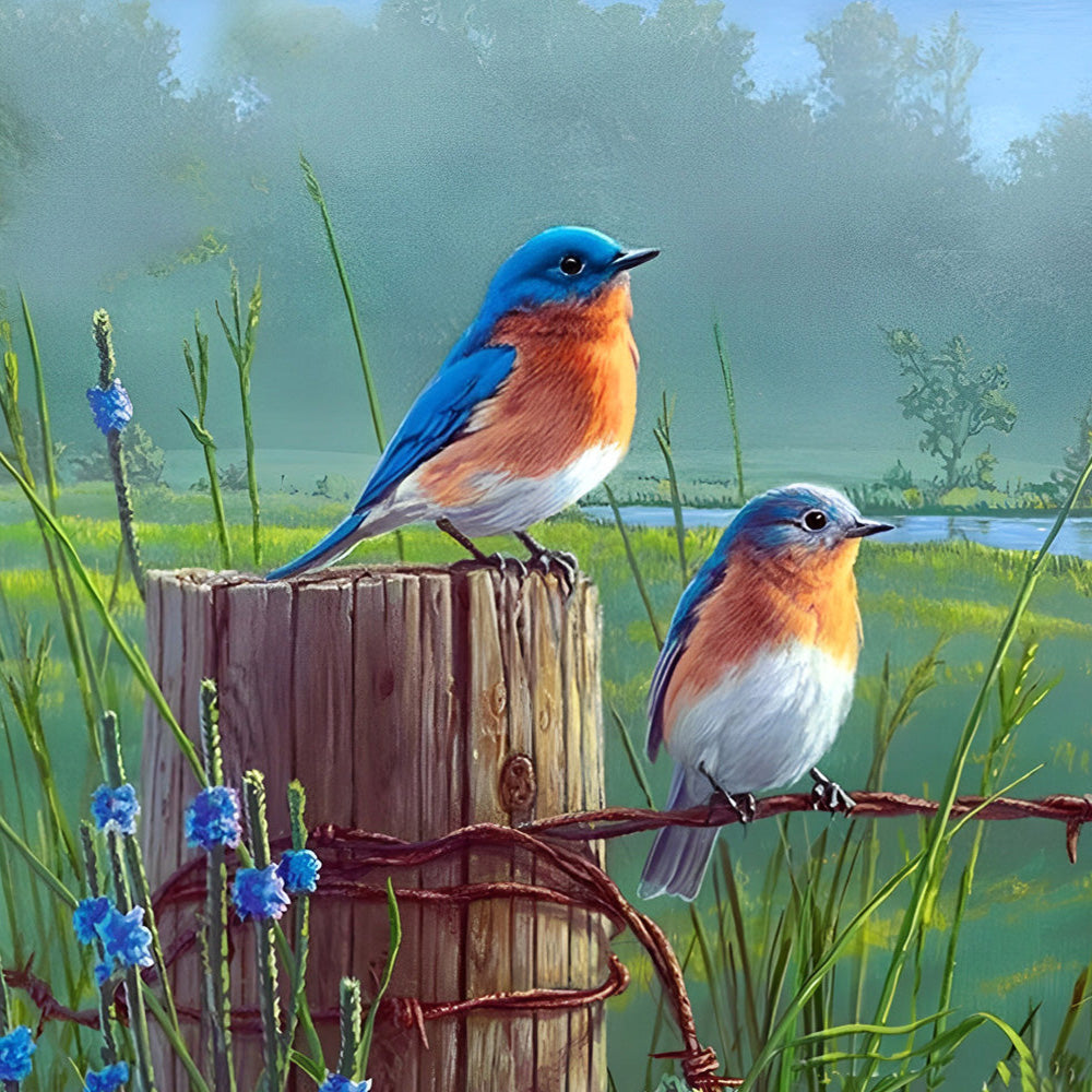 Bluebirds on a rustic fence cross stitch kit for beginners