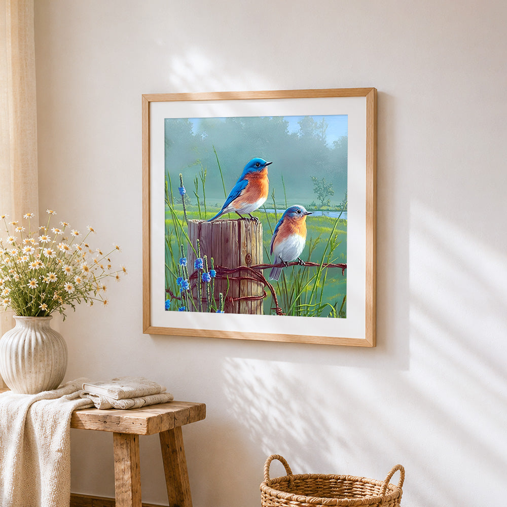 Bluebirds on a rustic fence cross stitch artwork displayed on wall as home decor
