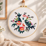 Blush florals and letter x embroidery hoop wall art displayed as warm and cosy handmade home decor