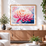 Finished blush pink dahlia paint by numbers artwork displayed as home decor