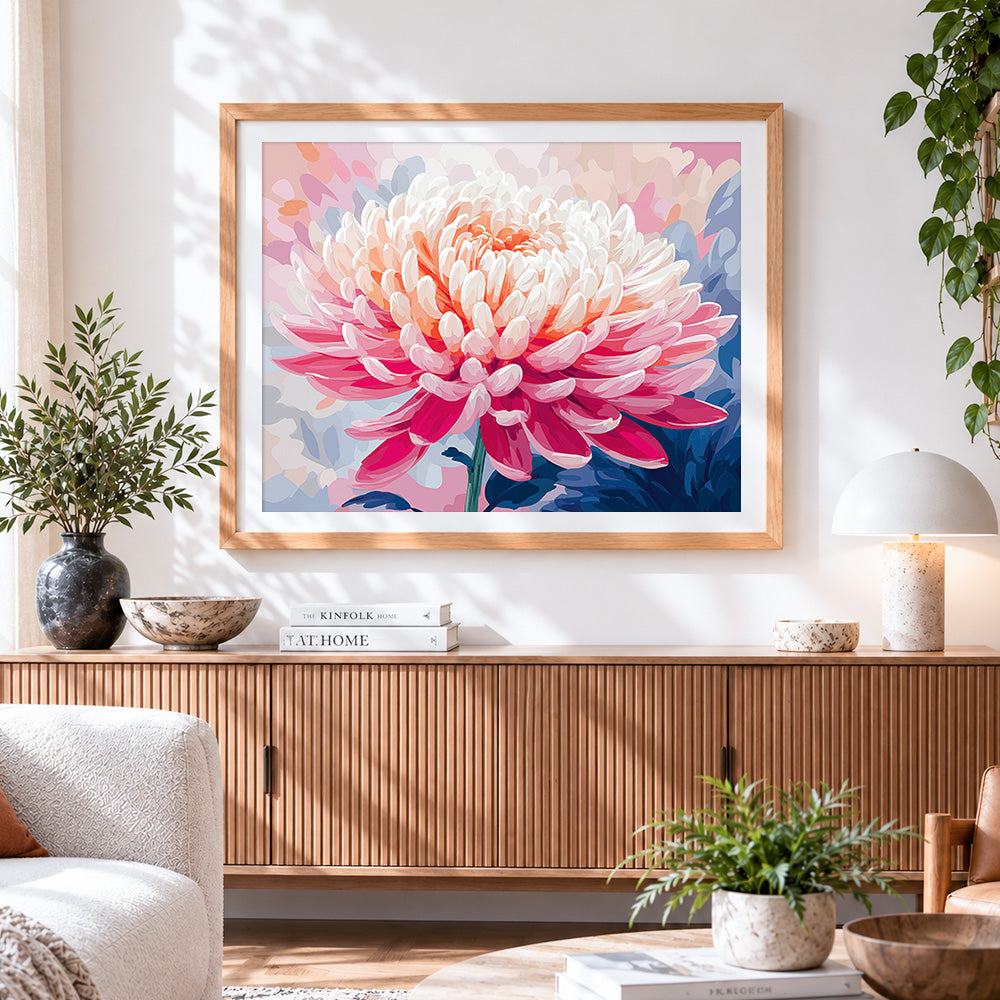 Finished blush pink dahlia paint by numbers artwork displayed as home decor