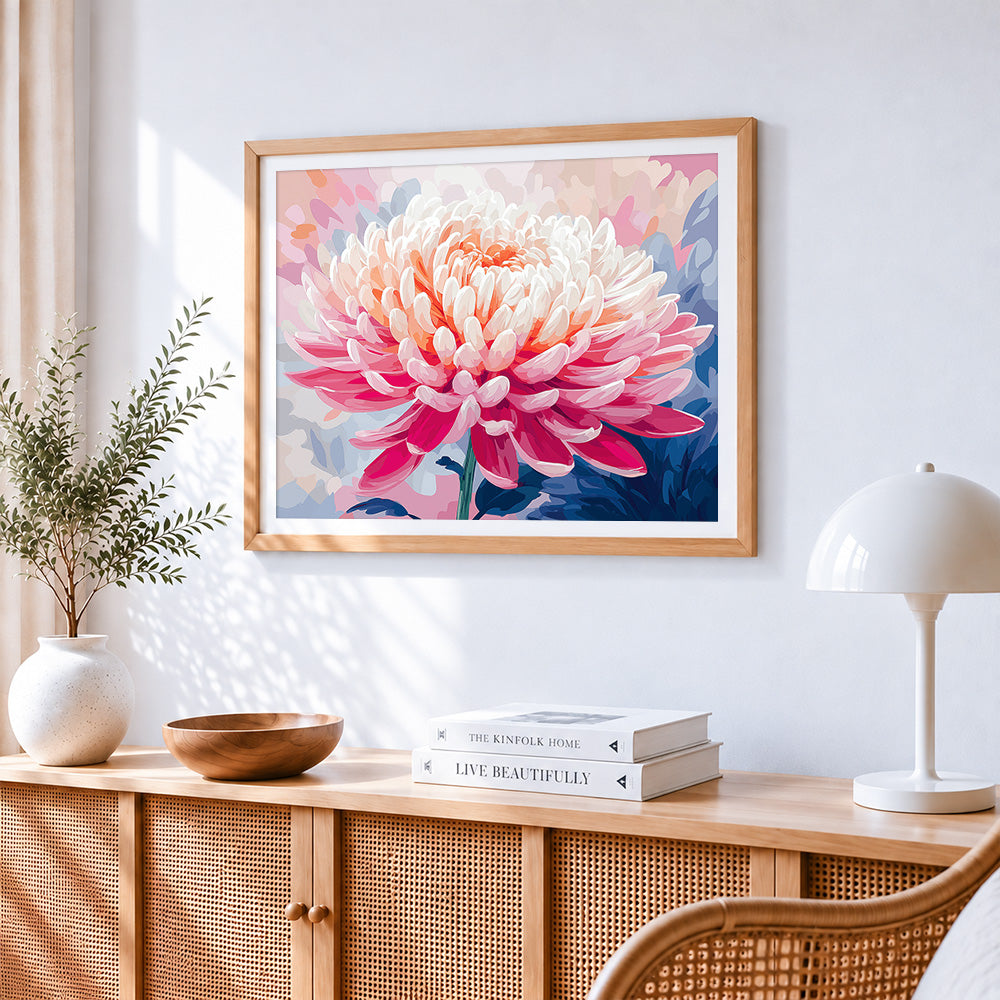 Blush pink dahlia paint by numbers artwork displayed on wall as home decor