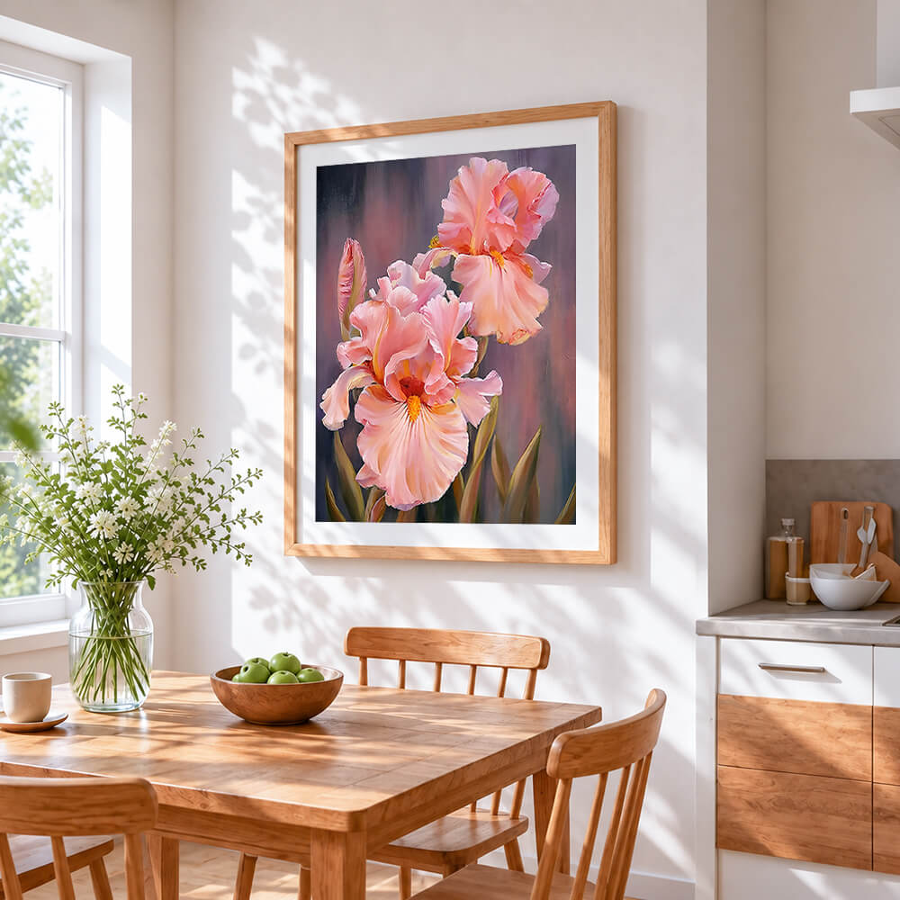 Blush pink irises paint by numbers artwork displayed on wall as home decor