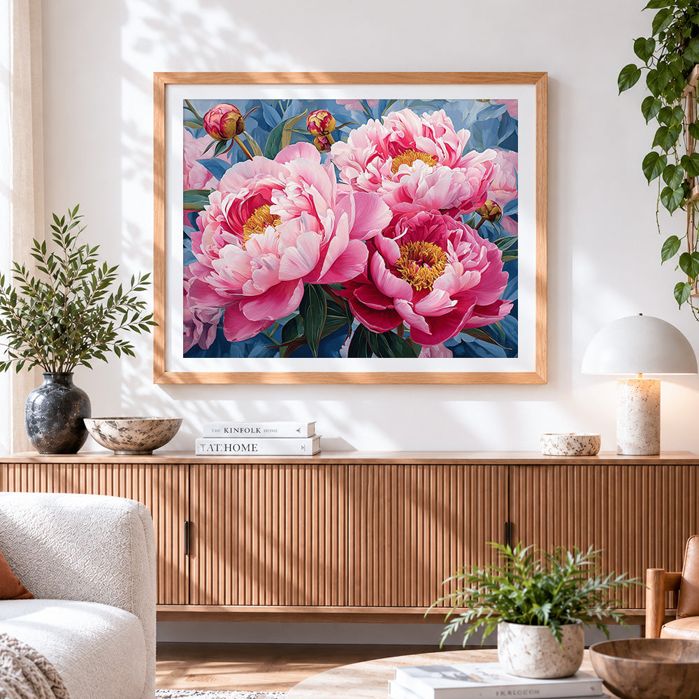 Finished blush pink peonies close up cross stitch artwork displayed