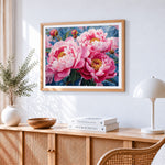 Blush pink peonies close-up paint by numbers artwork displayed on wall as home decor