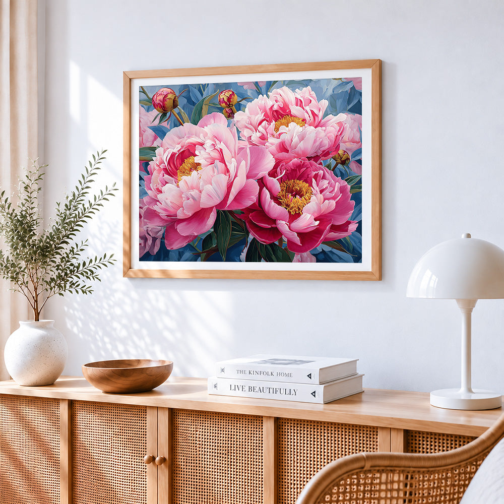 Blush pink peonies close-up paint by numbers artwork displayed on wall as home decor