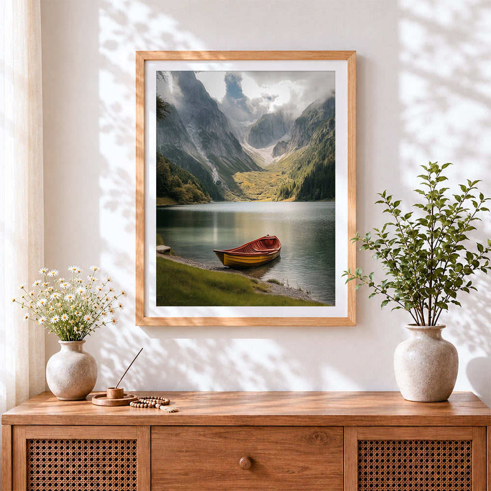 Finished boat on a misty alpine lake cross stitch artwork displayed