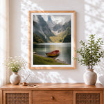 Finished boat on a misty alpine lake cross stitch artwork displayed