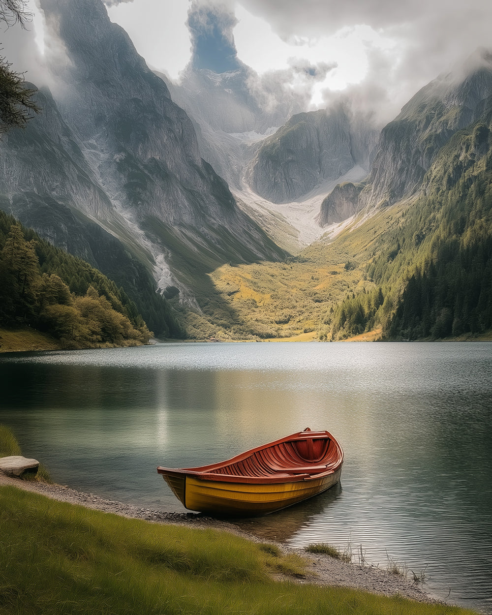 Boat on a misty alpine lake cross stitch kit for beginners