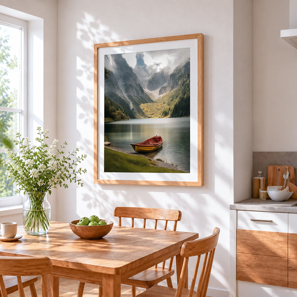 Boat on a misty alpine lake cross stitch artwork displayed on wall as home decor