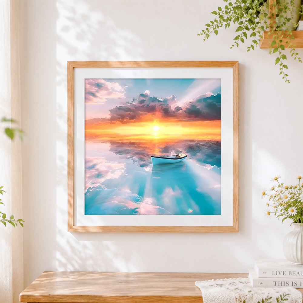 Finished boat on a sea of clouds cross stitch artwork displayed