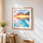 Boat on a sea of clouds cross stitch artwork displayed on wall as home decor