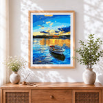 Finished boat on blue sea cross stitch artwork displayed
