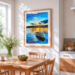 Boat on blue sea cross stitch artwork displayed on wall as home decor