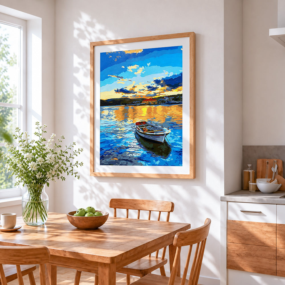 Boat on blue sea cross stitch artwork displayed on wall as home decor