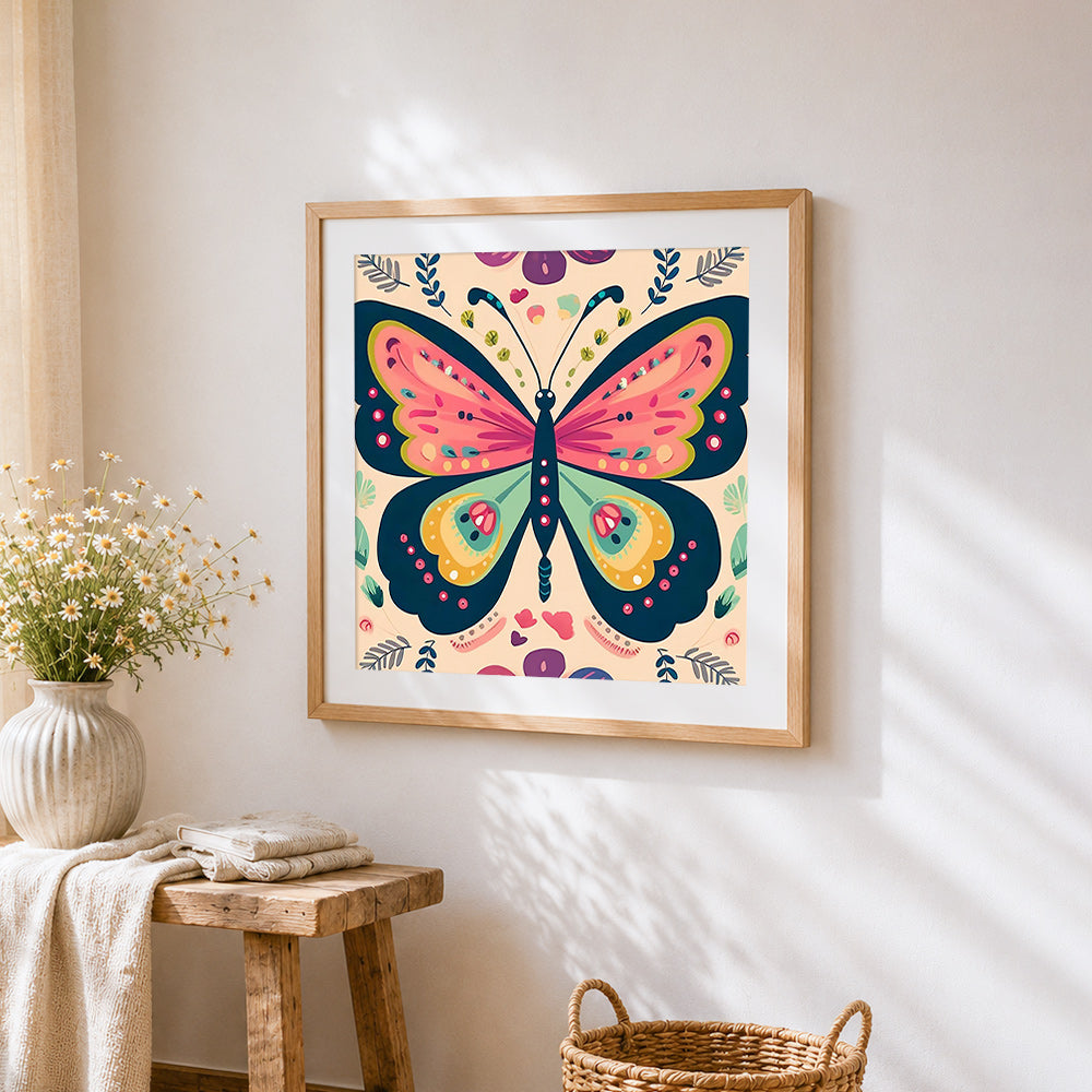 Bohemian butterfly cross stitch artwork displayed on wall as home decor