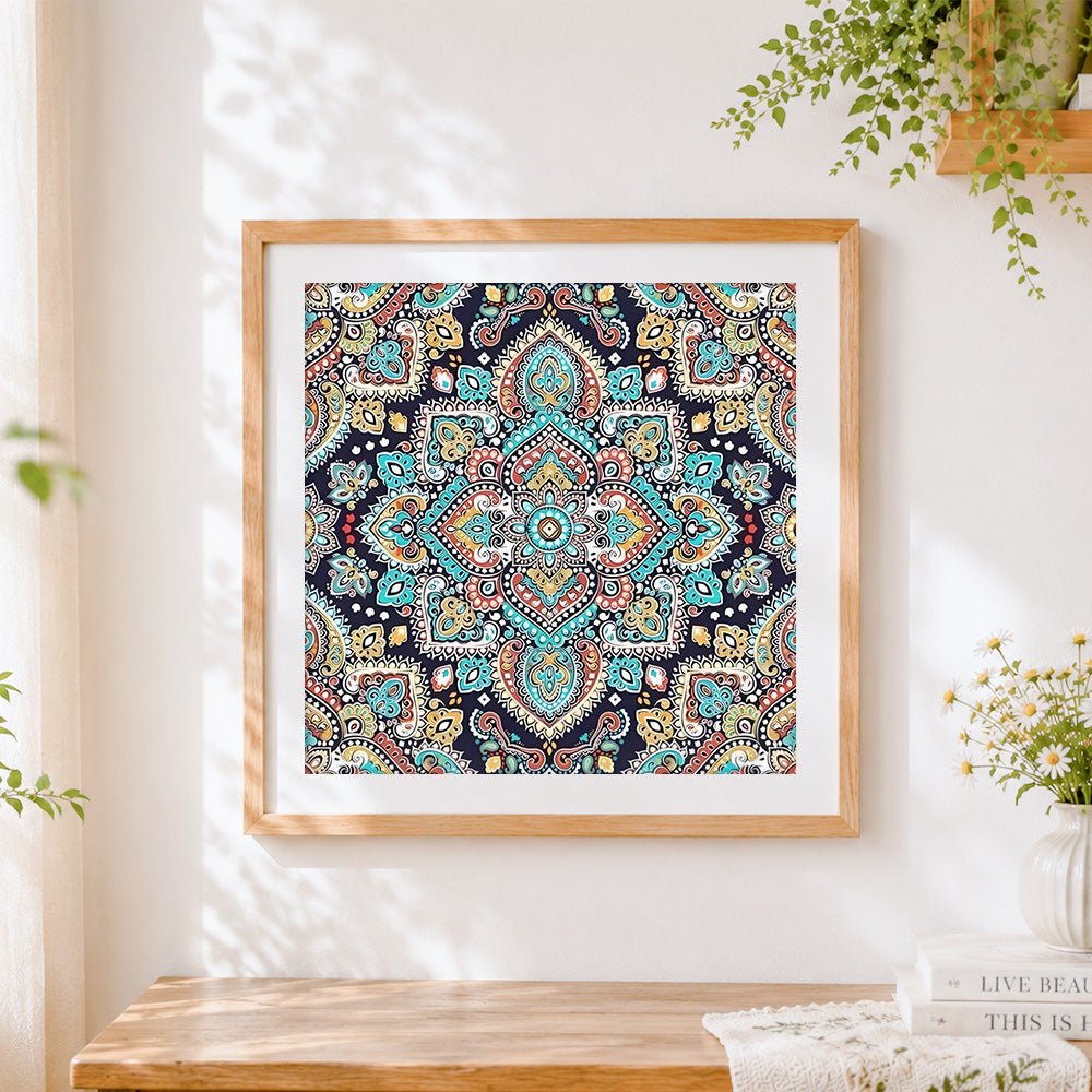 Finished bohemian mandala pattern cross stitch artwork displayed