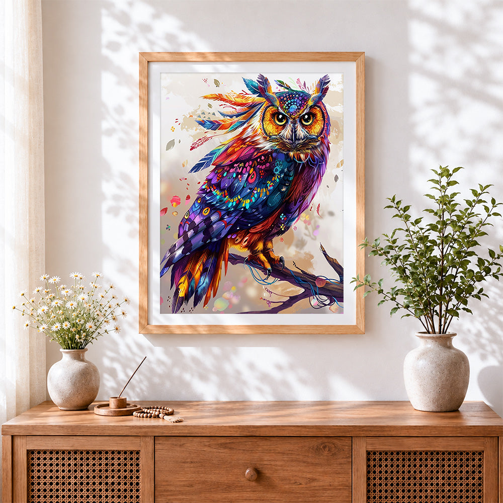 Finished bohemian rainbow owl cross stitch artwork displayed